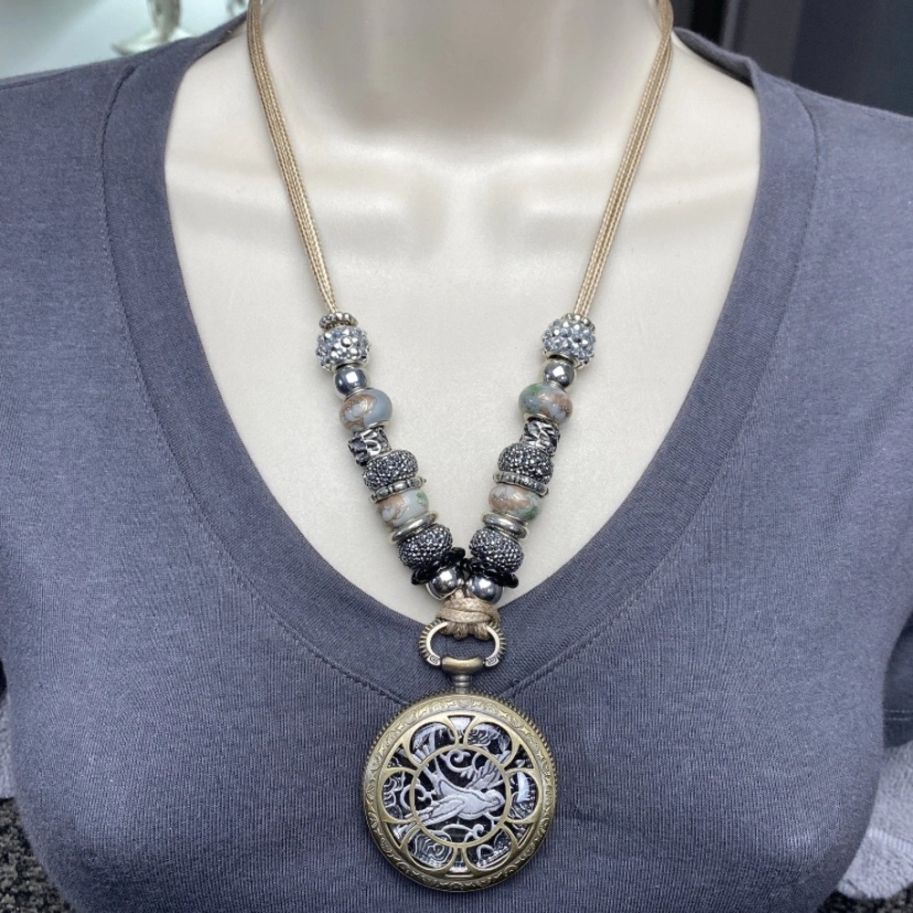 Handmade Upcycled Pocket Watch Necklace Steampunk Rope Beaded 22" -27 "